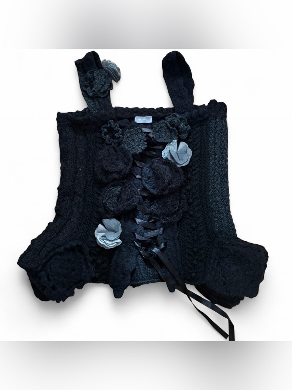Black Knit Corset with Floral Appliqués